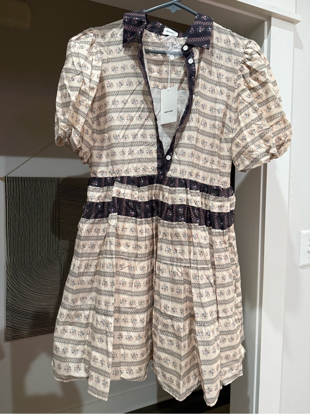 AUREUM Cream Dress with Navy Floral Trim